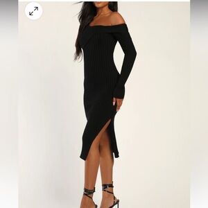 Lulu's Black Asymmetrical Ribbed Sweater Midi Dress